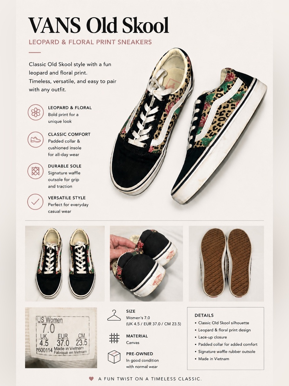 Vans Ward Cheetah Palm Floral Sneakers Skateboarding Shoes waffle soles sz 7